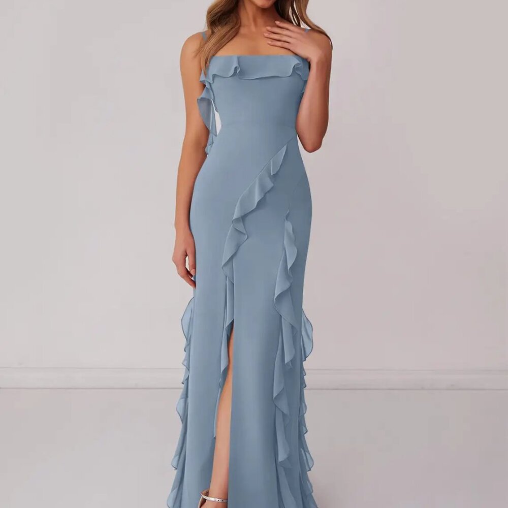 Azazie Chiffon Ruffle Column Dress with Leg Slit dusty blue